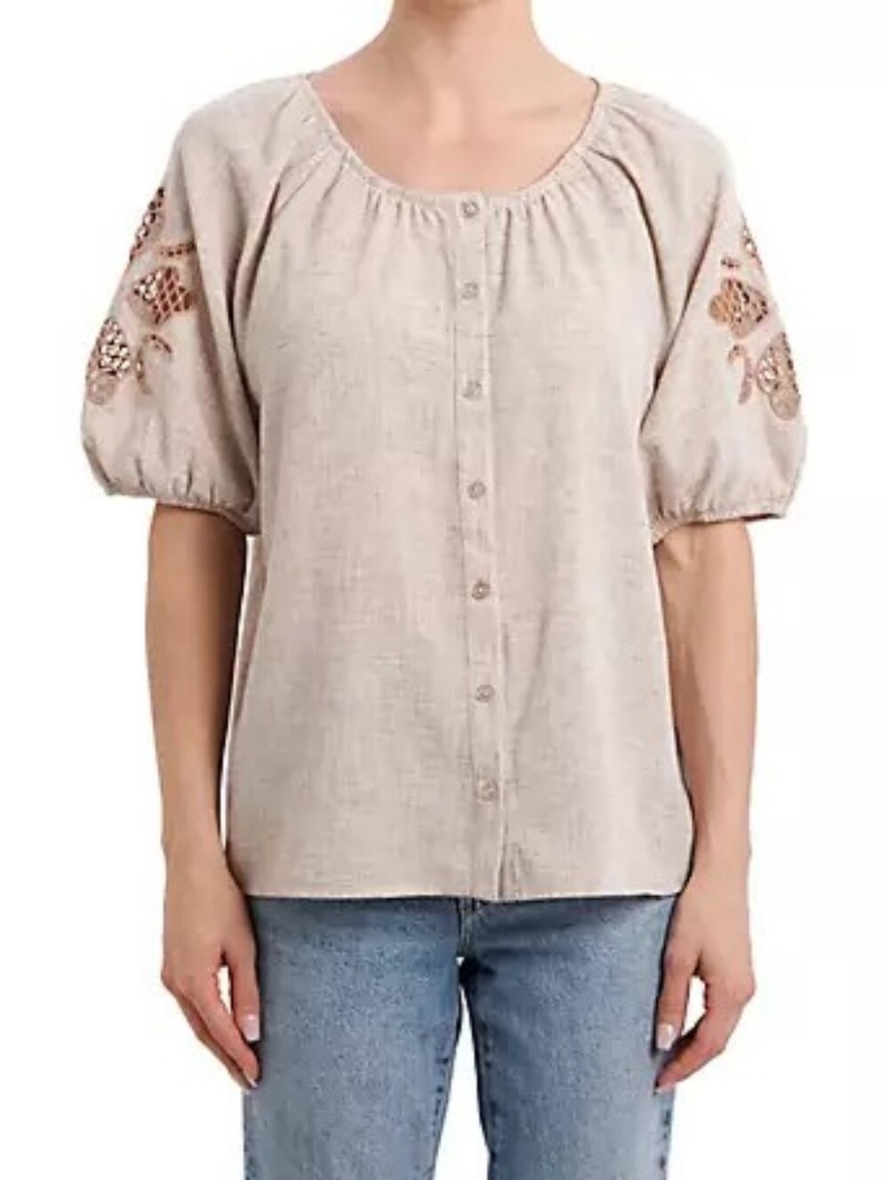 Vintage Threads Neutral Beige Button-Front Peasant Top with Cutwork Sleeves Med - Picture 2 of 5